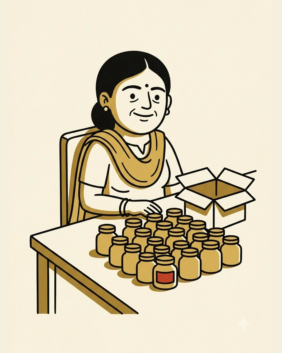 A founder lining up small jars on a table