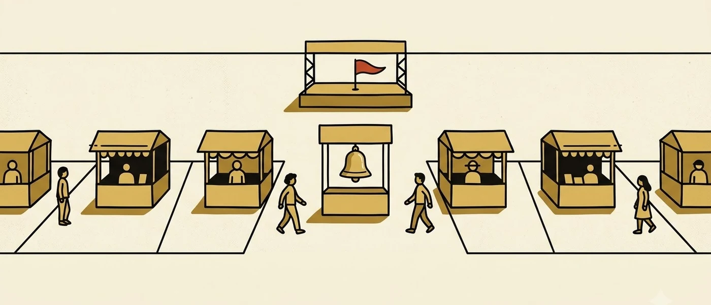 The festival floor: booths, buyers, a bell