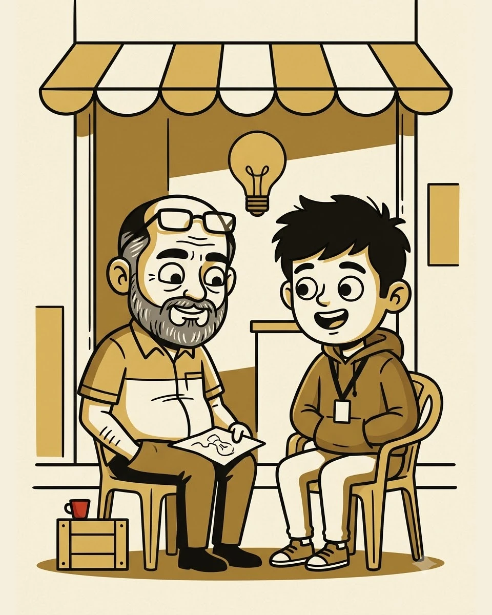 A mentor and a student on plastic chairs, one bulb over both